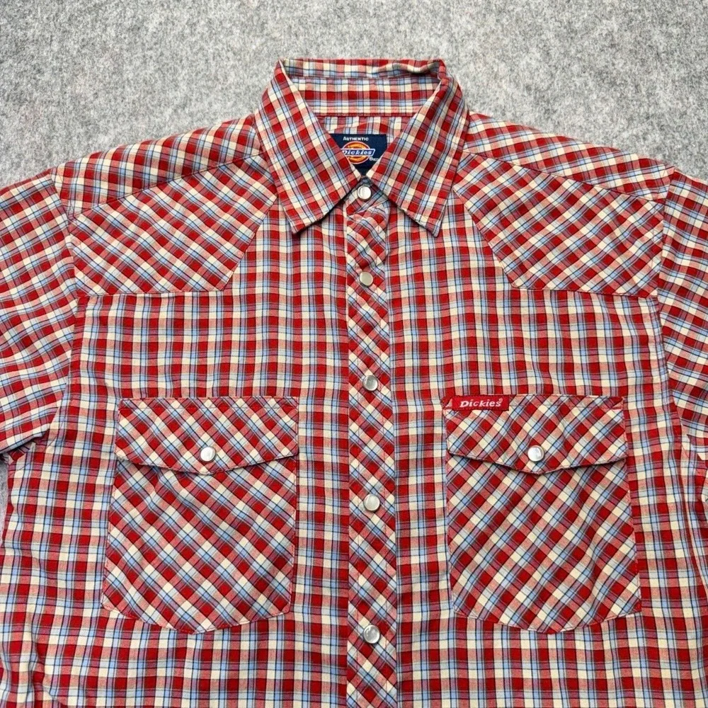 Dickies Western Shirt Mens S Pearl Snap Cotton Blend Red Blue Plaid Short Sleeve